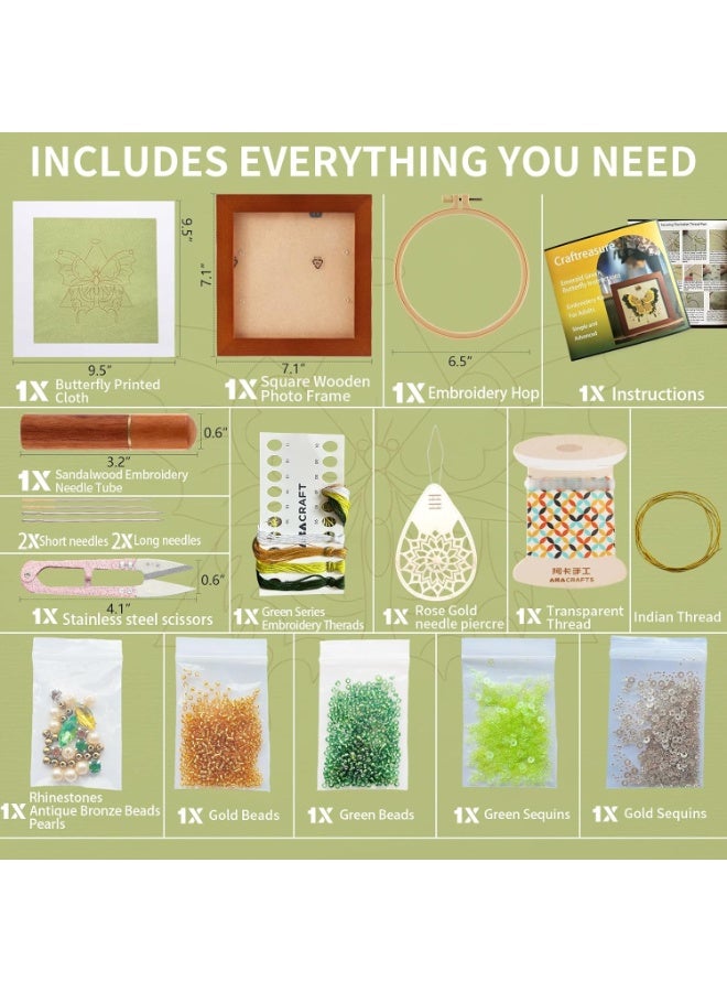 Bukela Embroidery Kit for Adults, Butterfly Embroidery Kit for Beginners Include Embroidery Beads Threads for Craft Lover Hand Stitch with Embroidery Skill Technique (Green - Easy) - Image 4